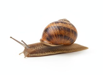 A close-up view of a snail crawling across a white background.