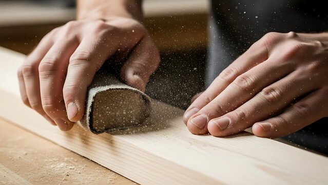 Hands Smoothing Wood Plank with Sandpaper Creating Fine Dust Particles
