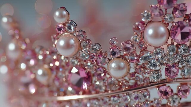 A shimmering crown adorned with sparkling pink gems and lustrous pearls radiates elegance and beauty. The intricate design captures the light, enchanting a girl dreaming of royal s