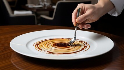 Obraz premium Chef decorating a plate with an elegant sauce swirl for fine dining.