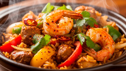 Hot Jambalaya with shrimp, meat, rice, bell peppers, and sausage