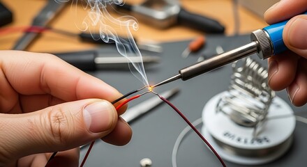 Detail oriented technician connects wires using soldering iron with finesse