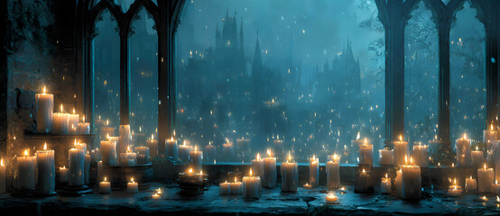 All Souls Day,All Saints Day Backdrop. Lit Candles, Gloomy Concept And Creative Background. Digital Art Illustration