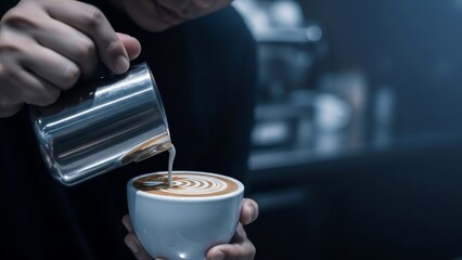 Skilled barista pouring steamed milk to create beautiful latte art in a coffee shop.