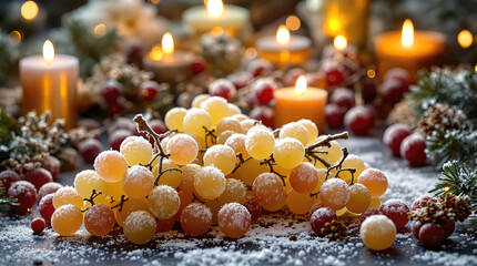 Frosted grape cluster arrangement with candle holiday decoration featuring golden bokeh light natural winter celebration tablescape setting