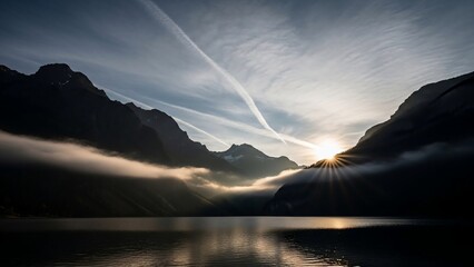 Sunrise over a tranquil mountain lake with mist and dramatic light rays.