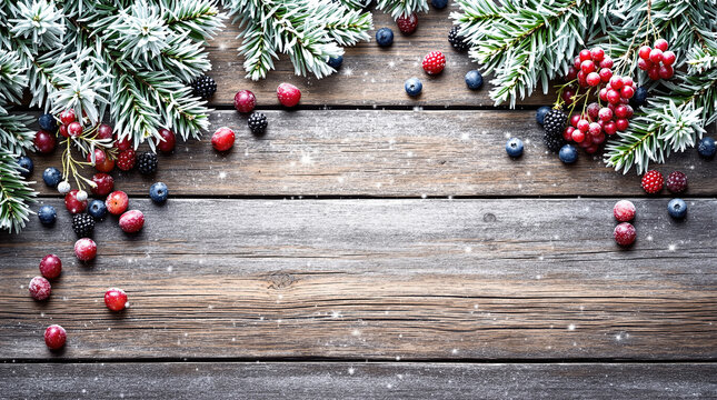 Christmas wooden background rustic decoration pine branch ornament berry holiday festive winter season celebration frame border top