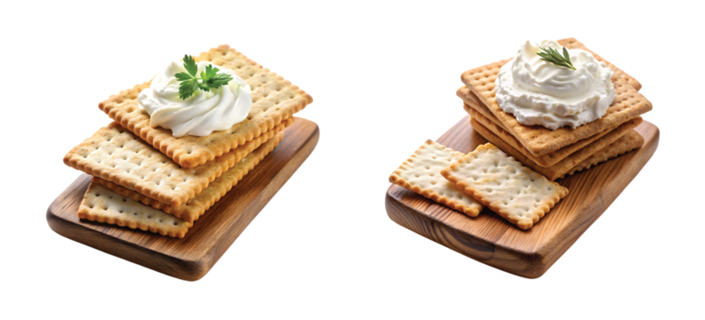 Cream Cheese with Crackers: A cream cheese placed on crispy crackers on wooden board, PNG format.
