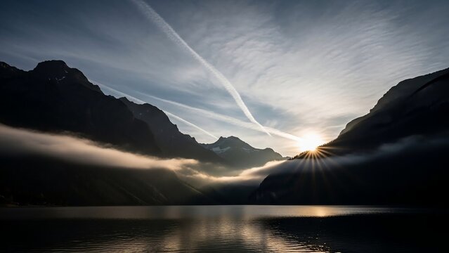 Sunrise over a tranquil mountain lake with mist and dramatic light rays. - Powered by Adobe