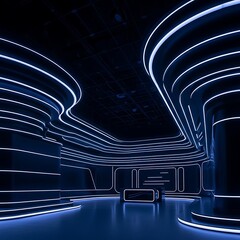 Futuristic cybernetic interior with blue neon lights and a smooth surface