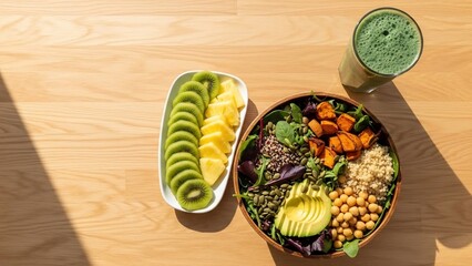 Healthy and delicious vegan meal with fresh fruit and green smoothie.