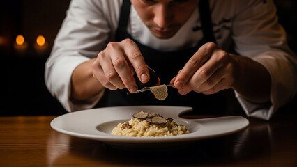 Chef Grating Fresh Truffle onto a Gourmet Risotto Dish