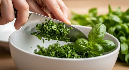 Fresh herb preparation for culinary delight, with vibrant green basil