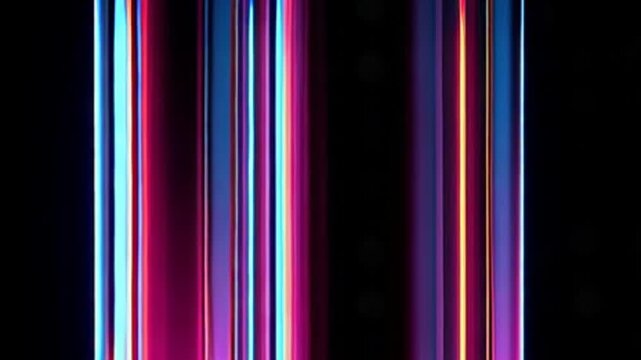 Illuminated neon columns bookend a dark void