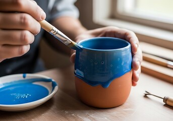 Hand painting ceramic mug with vibrant blue glaze in pottery studio