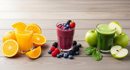 Vibrant variety of health drinks featuring fruit and vegetable juices