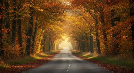 Fototapeta premium Autumn Road - A Tunnel of Golden Leaves in the Forest.