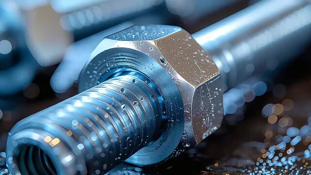 A close-up view of a precision-engineered metal bolt and nut, shimmering with liquid droplets and reflections, symbolizing industry, engineering, and intricate manufacturing processes.
