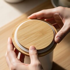 Opening a minimalist storage container with a natural wooden lid close-up