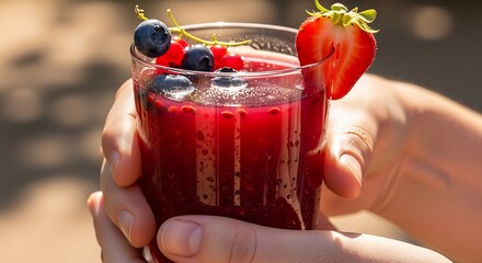 Refreshing mixed berry drink in hand, summer beverage presentation