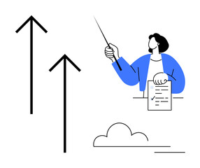 Woman in blue jacket holding pointer and analyzing document. Arrows represent progress and growth. Ideal for leadership, progress, strategy, presentation, success, education innovation. Simple flat