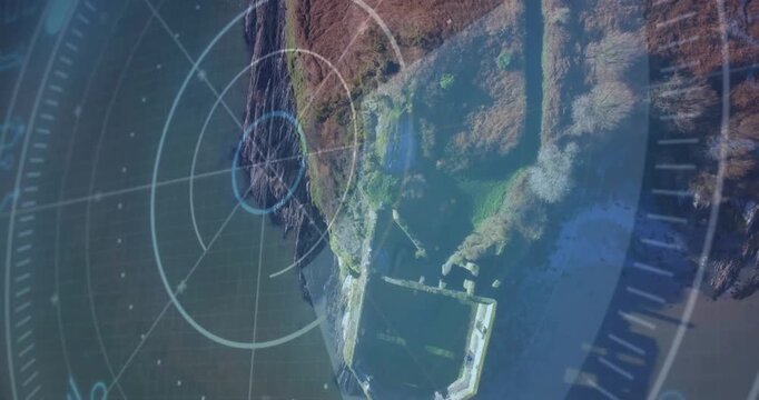 HUD overlay initiating rotating sweep, scanning coastal headland and pier for surveillance mapping