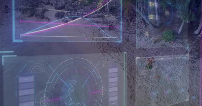 Woman walking in beach rect stepping, collecting rounds while tech HUD showing line graph and globe