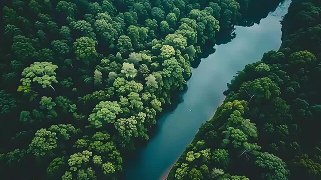 Aerial view of a serene blue river gracefully meandering through a vibrant green, untouched tropical rainforest, emphasizing environmental beauty and a wild natural ecosystem.