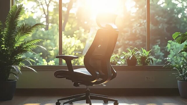 A sunlit ergonomic office chair in a modern home office surrounded by vibrant green plants, promoting comfort, wellness, and a productive work environment.