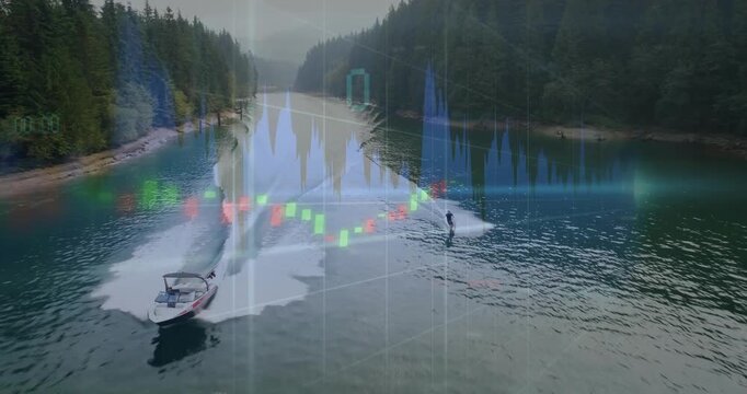Pilot speeding boat towing rider for carving, finance chart and blue waveform over boat and rider