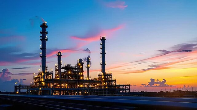 A vibrant sunset illuminates a modern industrial refinery complex with towering structures and glowing lights, symbolizing energy, production, and technological advancement at dusk.