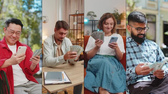 Collage of happy rich people men women holding smartphone counting money dollar cash while making financial transfer through mobile app, quick transaction, satisfied with earnings, salary, savings