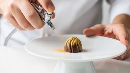 Pastry chef decorates a gourmet chocolate praline with edible gold using an airbrush.