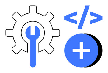 Software development. Gear with wrench and code symbol software tools and coding. Software development process for programming, application development, and tech solutions. Broad usage programming
