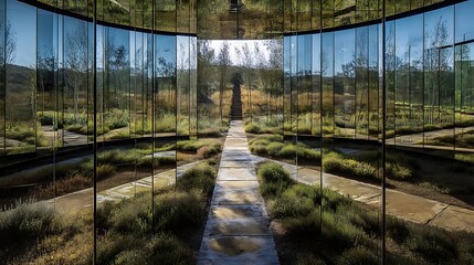 Modern Glass Conservatory with Reflection and Garden Pathway
