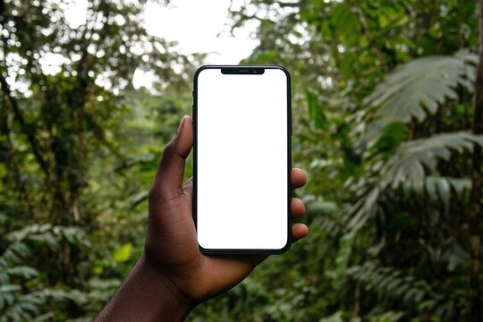 Hand holding smartphone with blank screen surrounded by jungle forest background, concept of technology and connectivity in nature.