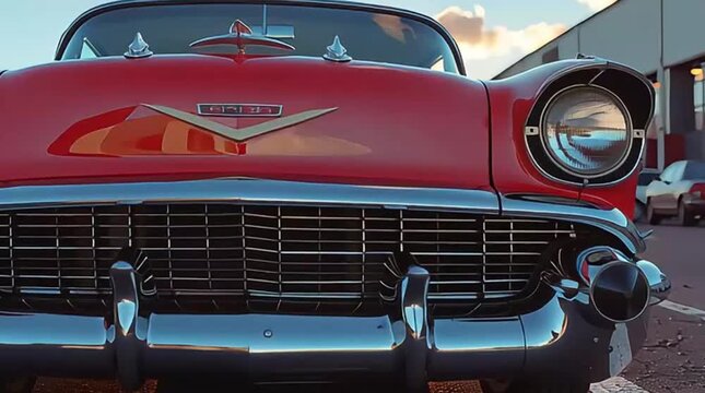 A vibrant red classic car with gleaming chrome details is beautifully illuminated by the warm, golden light of a late afternoon sunset, evoking nostalgic freedom.