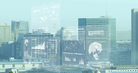 On startup holo panels sliding right, line charts rising and gauges pulsing, showing city metrics - Powered by Adobe