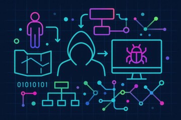 Intricate digital representation of cybersecurity concepts featuring hacker silhouette data flow analysis and network vulnerabilities illustrating the modern threat landscape in technology