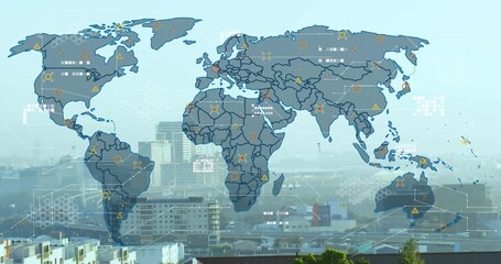 Faint outline appearing world map overlay expanding over city skyline pulsing markers updating data - Powered by Adobe