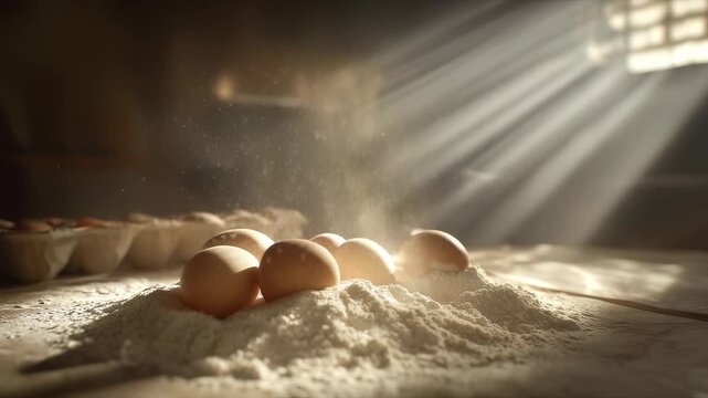 A gentle dusting of flour surrounds several brown eggs resting on a rustic surface. Rays of sunlight filter through, creating an enchanting atmosphere, perfect for baking.