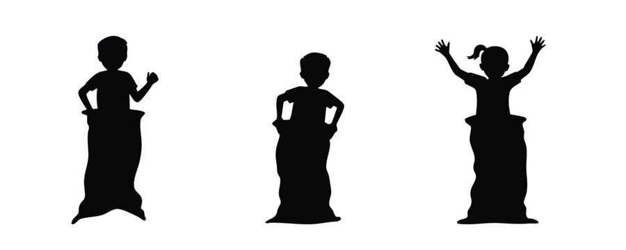 Kids' Sack Race Silhouettes, Black Silhouettes of Children in a Sack Race, Set of Kids Playing Potato Sack Race Icons, Outdoor Games Children Silhouettes, vector, illustration, silhouette.