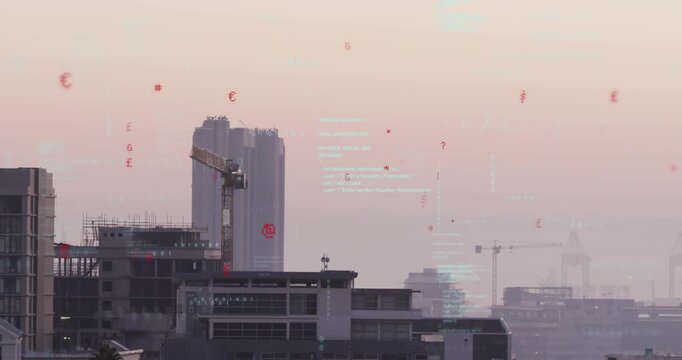Dawn causing red symbols forming sliding above city yellow crane idling HUD text showing site data