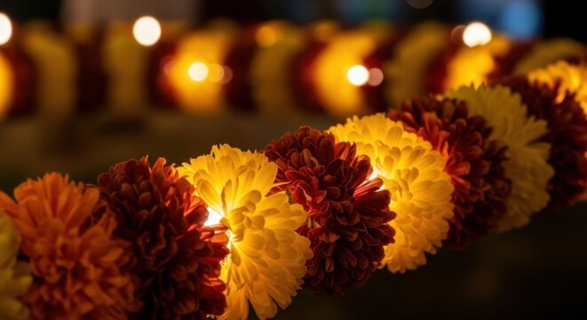Close up of a garland of marigold flowers in yellow and red, with decorative lights.