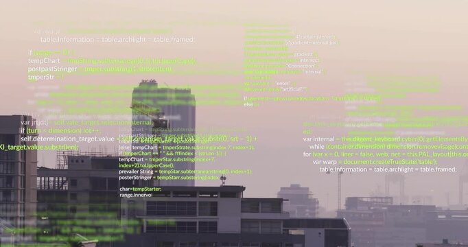 Frame two starting green code scrolling over central high-rise with crane, visualizing network flow