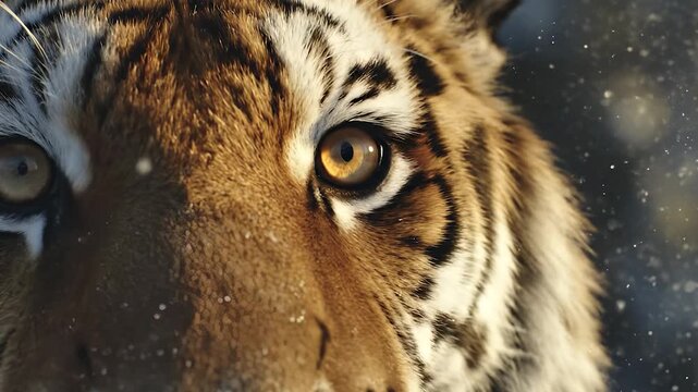 A fierce tiger stares forward with piercing amber eyes, showcasing its powerful and majestic presence. The intricate patterns of its fur highlight the beauty and strength of this m