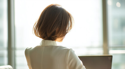 Back view of Japanese businesswoman working on laptop by window

