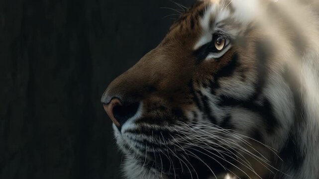 A tiger stands confidently with its powerful head raised, showcasing sharp features and magnificent whiskers. Sunlight highlights the rich patterns on its striking fur, reflecting
