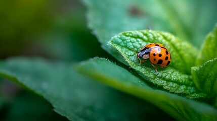 Ladybug on Green Leaf in Natural Close Up Nature Scene