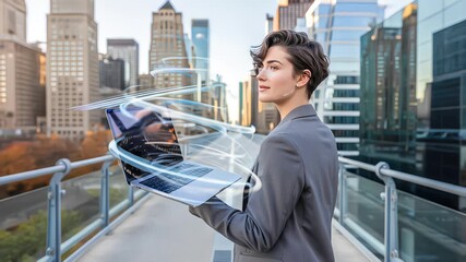 Young Professional Businesswoman Holding Laptop with Futuristic Glowing Digital Data Swirls in Urban City Setting - Powered by Adobe